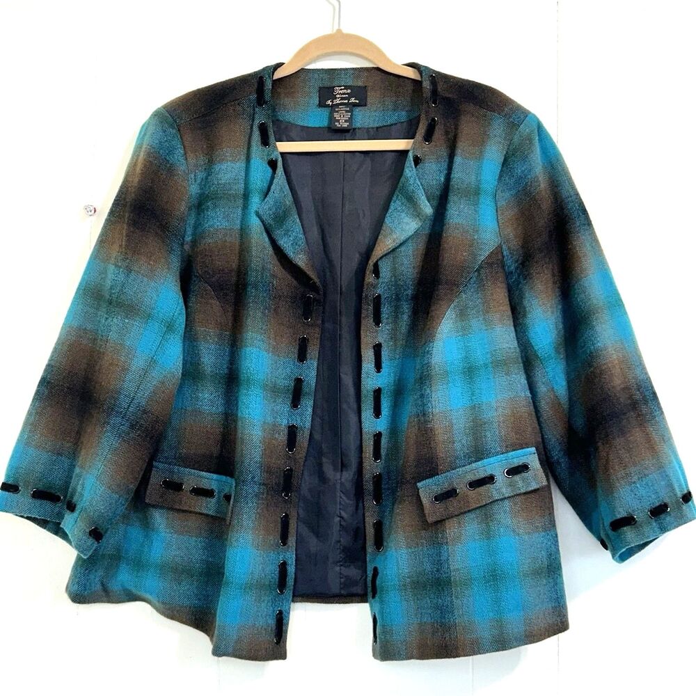 Frenz By Theresa Renz Women’s Aqua Brown Blazer Jacket Size 2X Open Blazer.